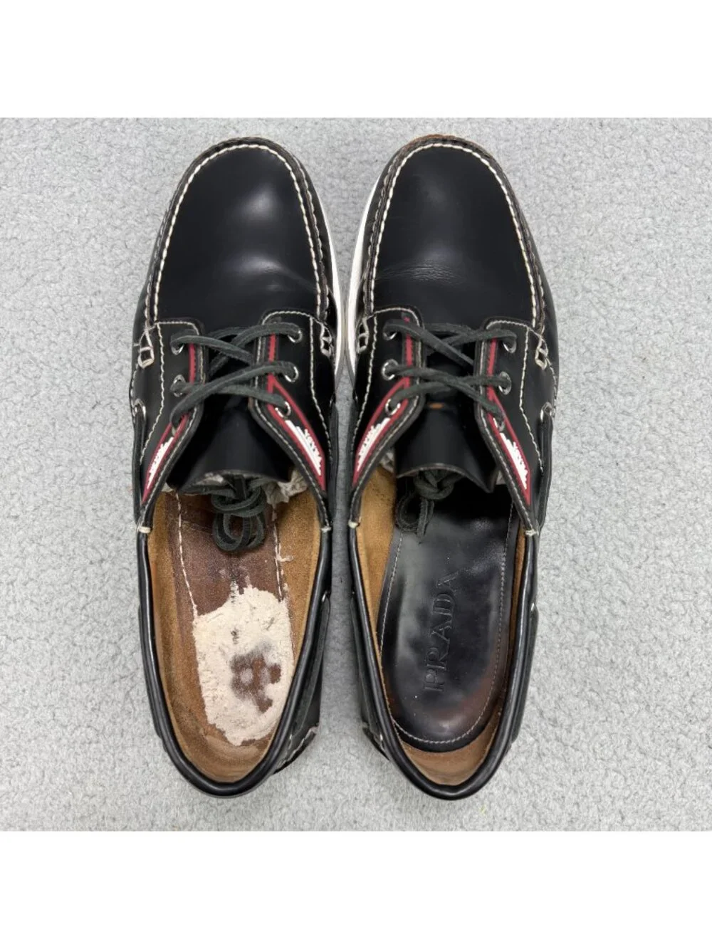 Prada Boat Shoes Men 11 / UK 10 Black Brushed Spazzolato Leather Lace Up Loafers